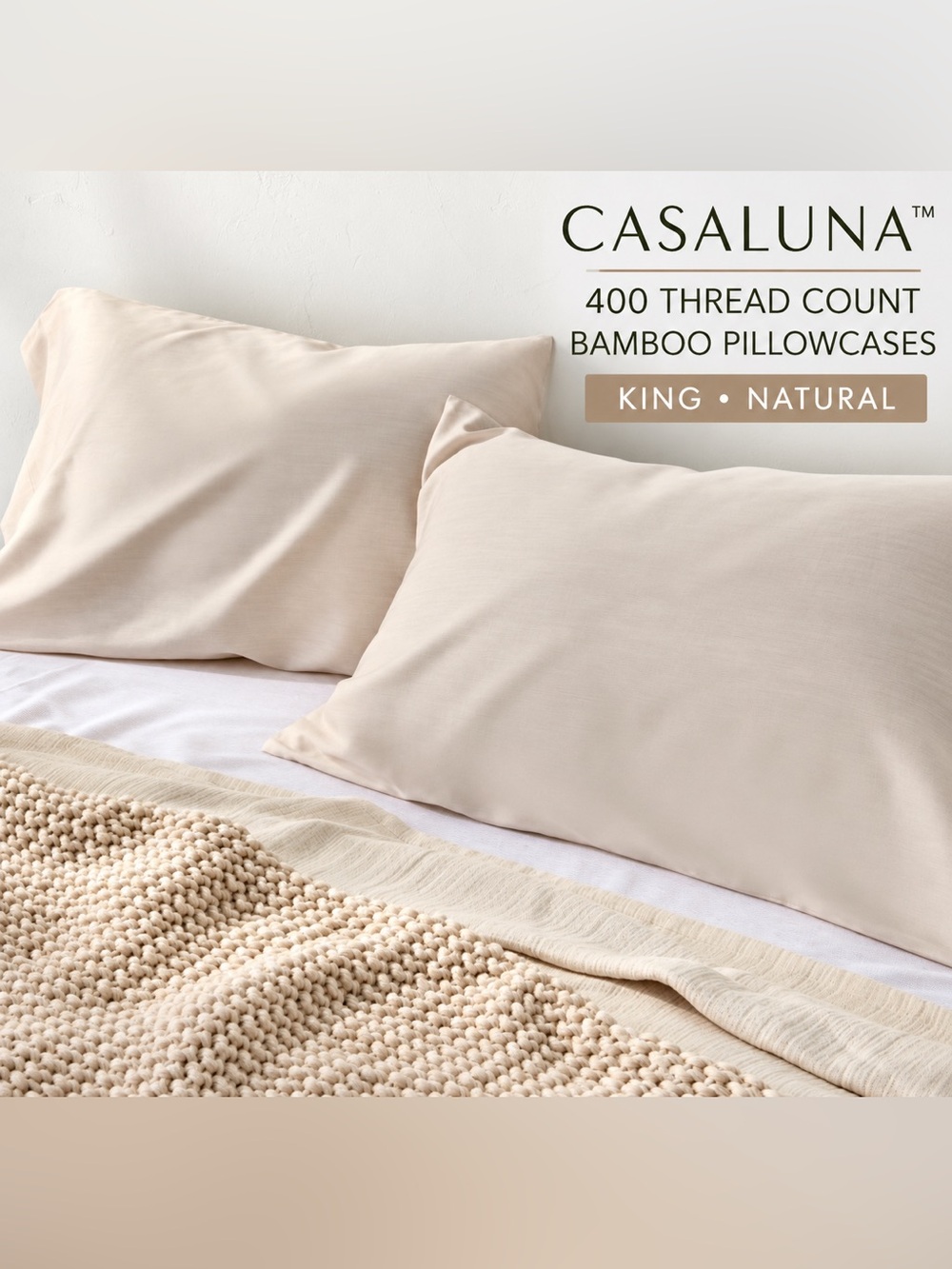 Casaluna King 400 Thread Count Rayon Bamboo Pillowcases Natural Set
